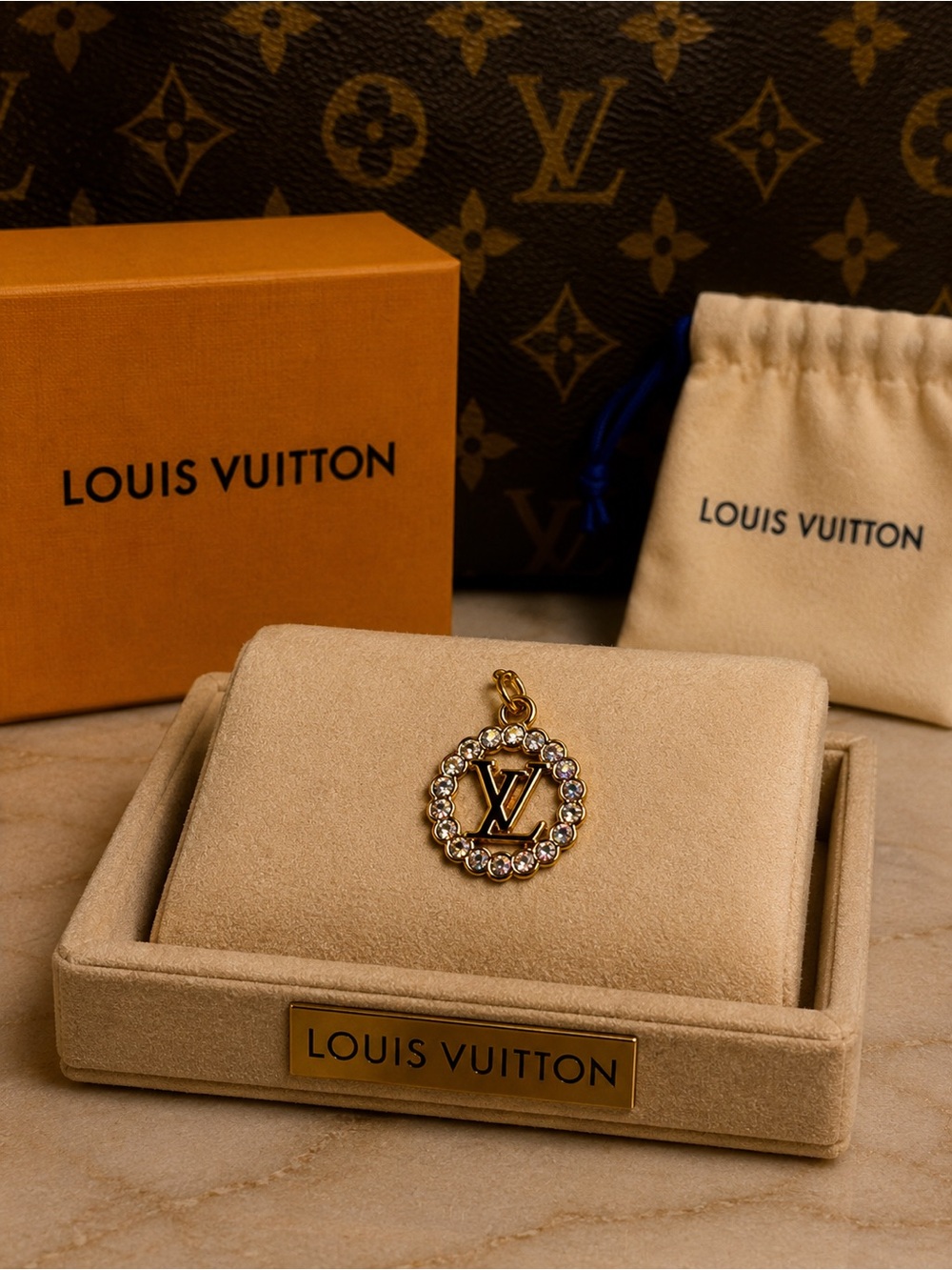 Luxury LV stamped Crystal Circle Charm Pendant - Gold Tone